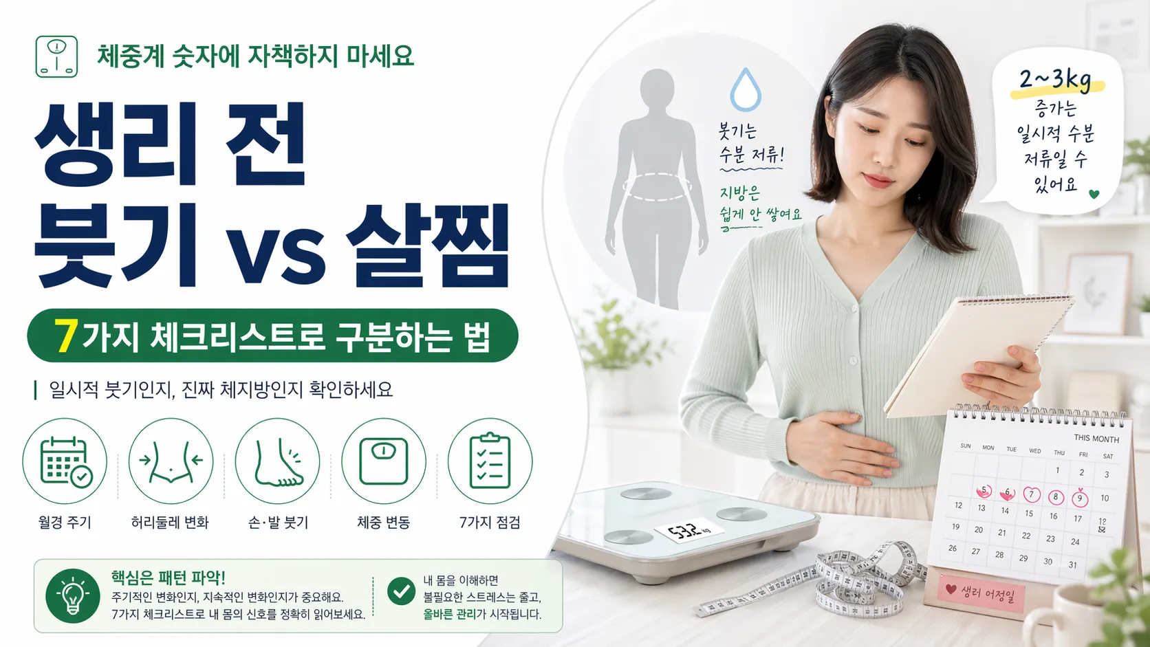 생리 전 붓기와 살찜을 구분하는 7가지 자가 점검 항목과 수분 저류 설명 일러스트