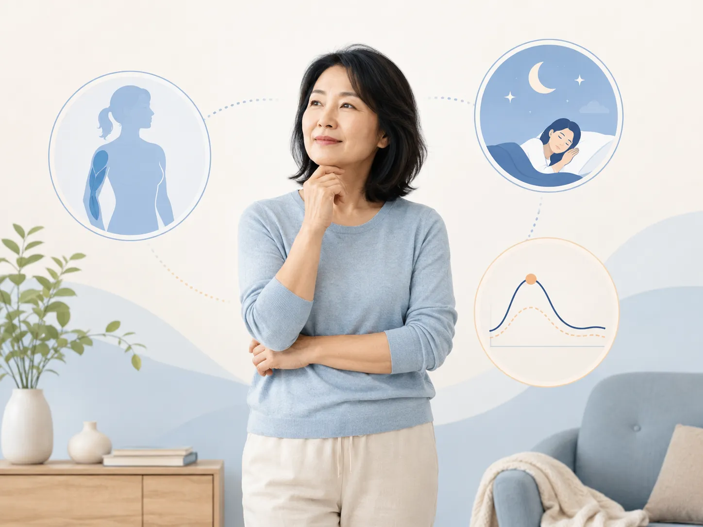 생각에 잠긴 중년 여성과 근육(체형)·수면·혈당 곡선을 나타내는 세 아이콘 — 40대 다이어트 정체기의 근육·수면·혈당 점검