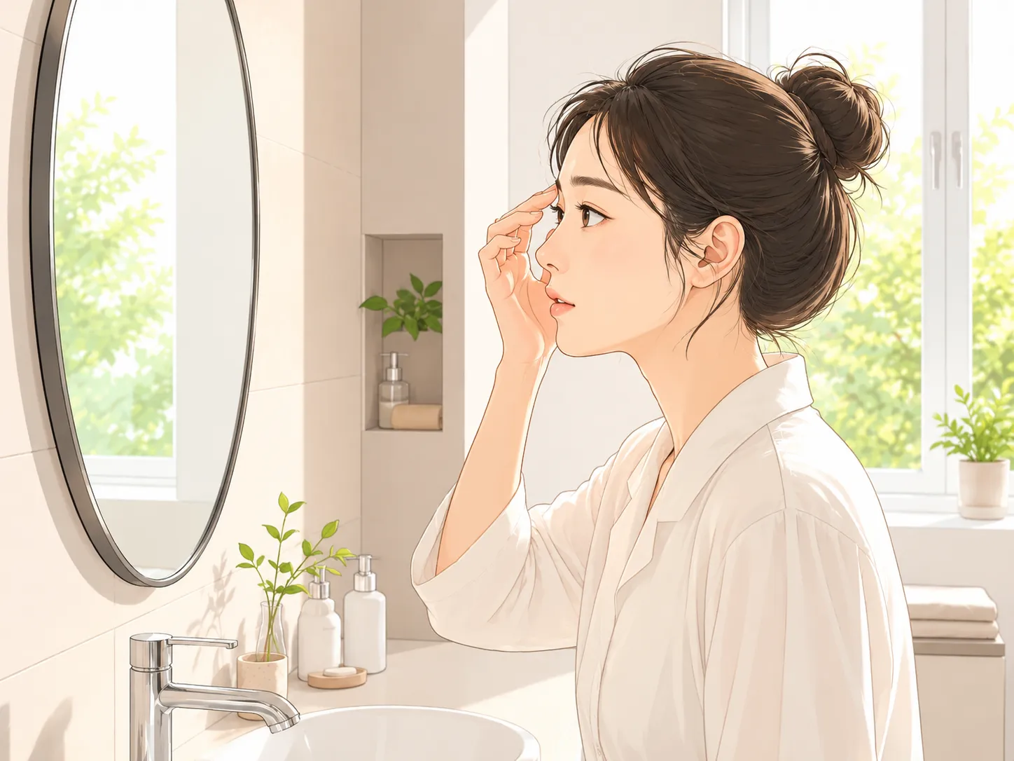 아침 거울 앞에서 얼굴 부기를 확인하는 여성, 수분 부종 자가 점검 일러스트