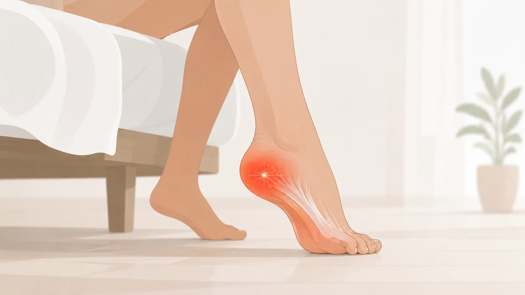 아침에 침대에서 일어나 발뒤꿈치를 손으로 감싸 쥔 채 찡그린 표정으로 통증을 호소하는 사람의 일러스트 — 족저근막염의 전형적 기상 직후 첫발 통증 묘사