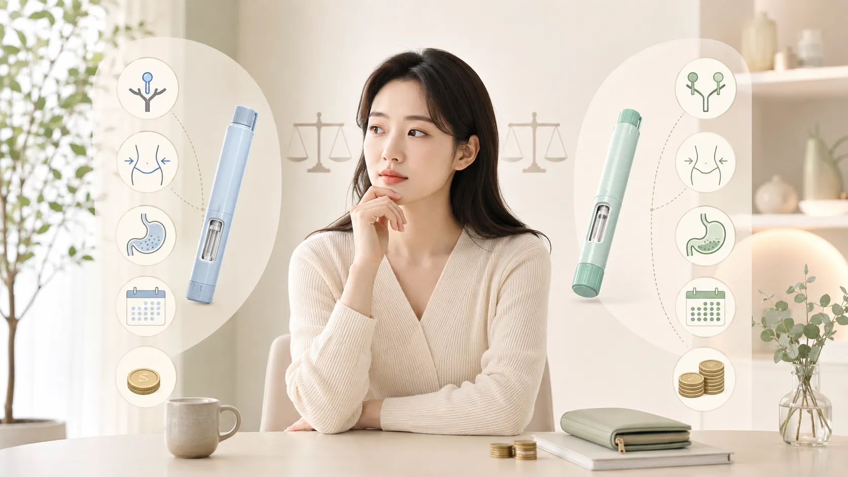 마운자로 vs 위고비 비교 — 두 GLP-1 계열 비만 치료 주사제의 작용기전·감량 효과·부작용·증량 일정·비용 6가지 차이를 한눈에 비교한 인포그래픽 일러스트