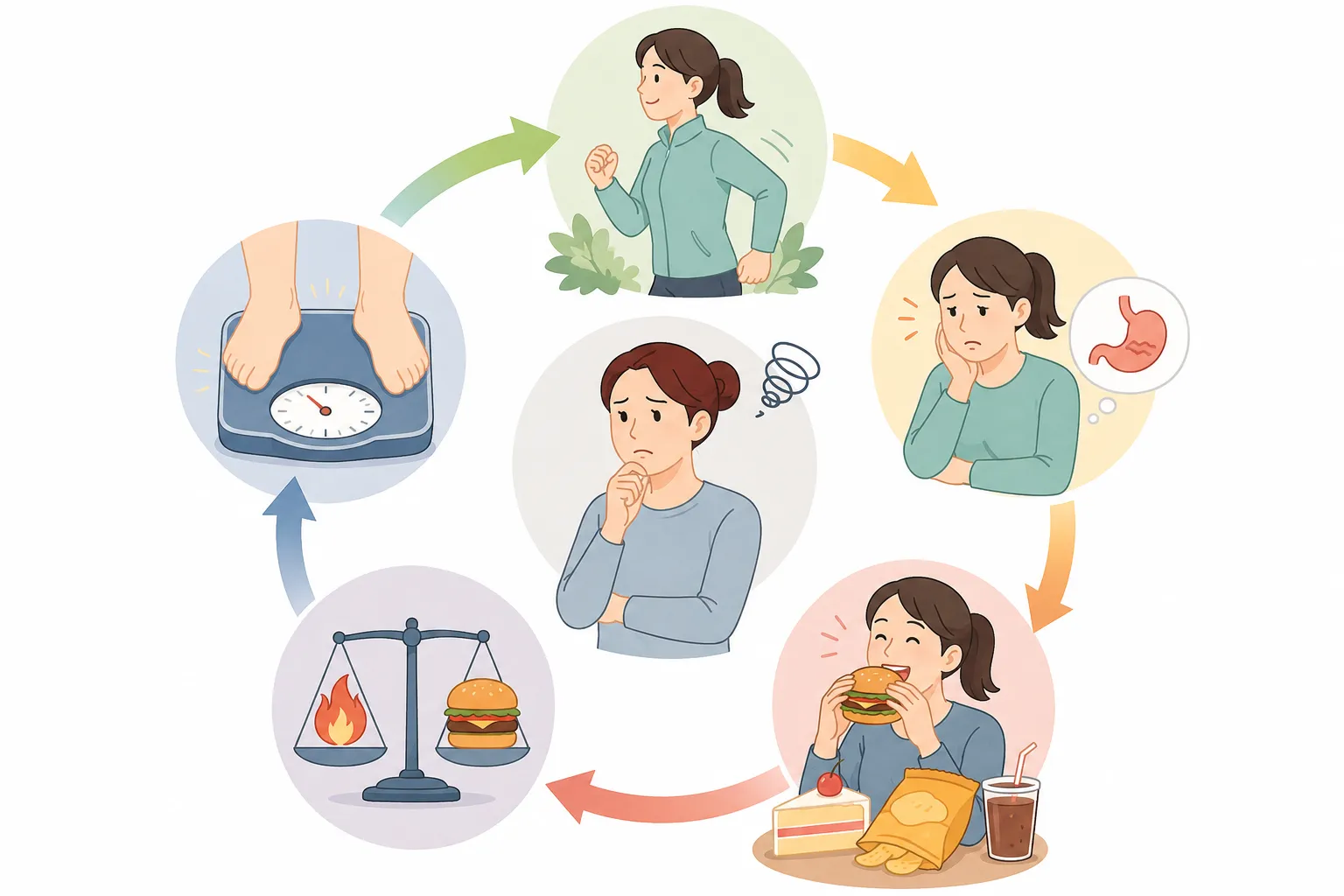 운동 후 식욕 증가와 보상 섭취로 이어지는 다이어트 악순환을 나타낸 다이어그램