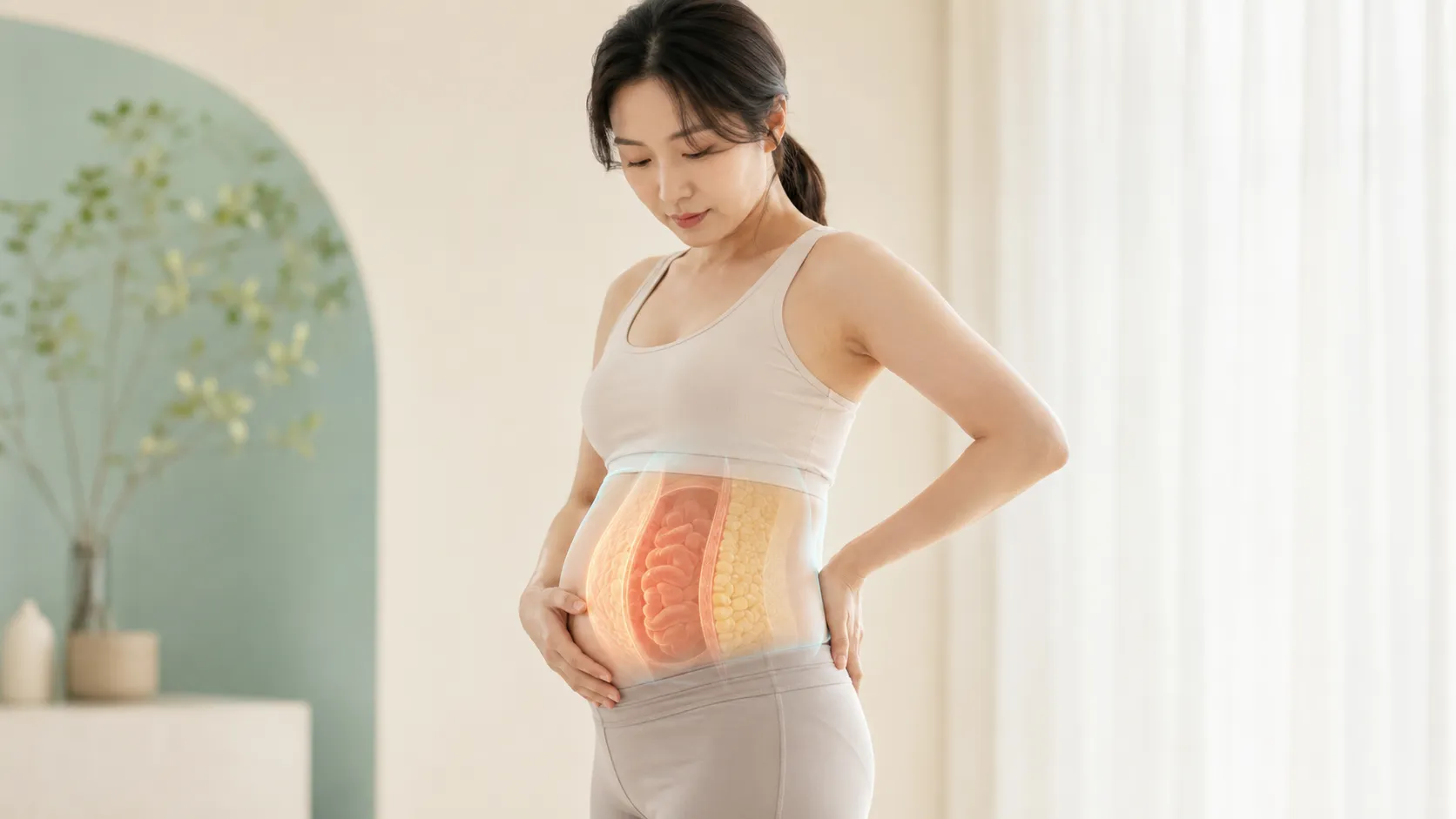 정상 체중이지만 복부 단면이 시각화된 한국인 여성 — 내장지방·피하지방 레이어 일러스트