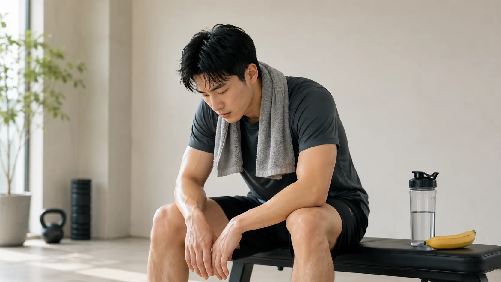 운동 후 벤치에 앉아 목에 수건을 걸고 지친 표정으로 고개 숙인 남성, 옆에 물통과 바나나가 놓인 과훈련·회복 이미지
