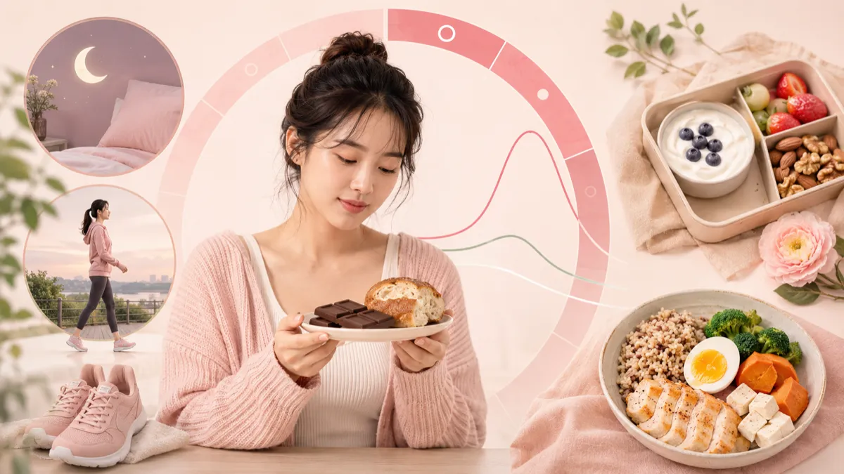 황체기 호르몬 곡선·수면·산책·균형 잡힌 도시락 등 생리주기 맞춤 관리 요소를 한눈에 보여주는 여성 다이어트 인포그래픽 일러스트