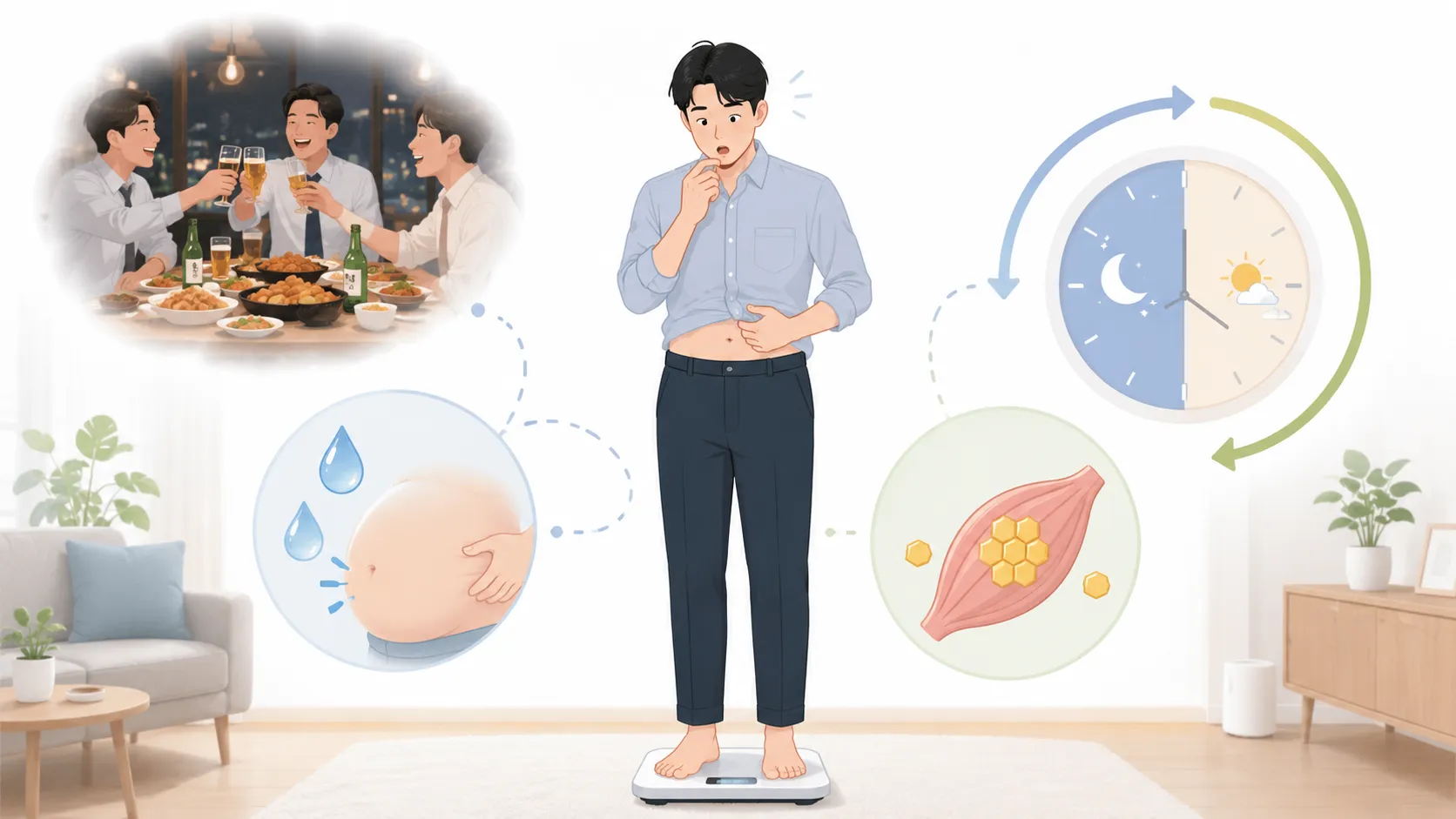 회식 다음 날 아침 체중계 위에서 당황한 직장인과 글리코겐·수분·부종 비교 일러스트