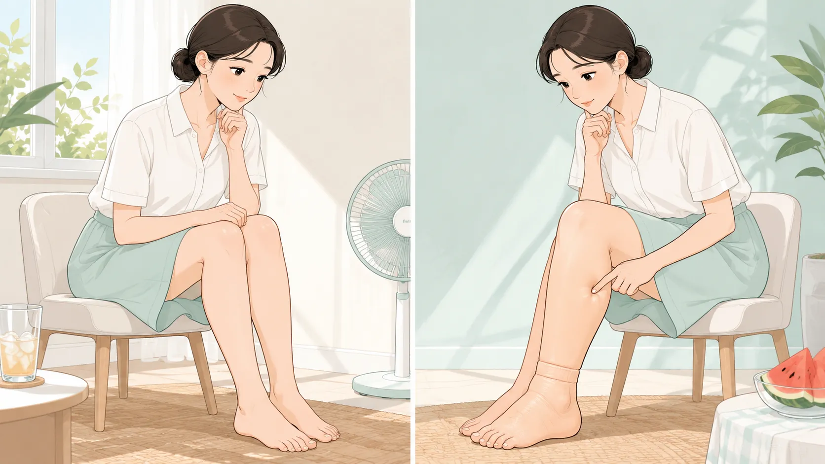운동 후 의자에 앉아 한쪽 종아리와 발목을 손으로 만지며 통증을 살피는 여성 일러스트, 옆에 선풍기와 물잔이 놓여 있다