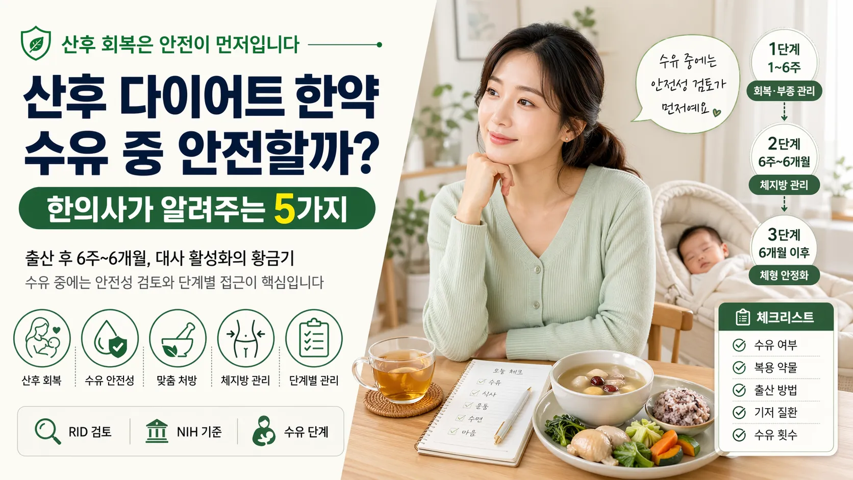 산후 다이어트 한약 수유 안전성 단계별 관리 체크리스트 일러스트