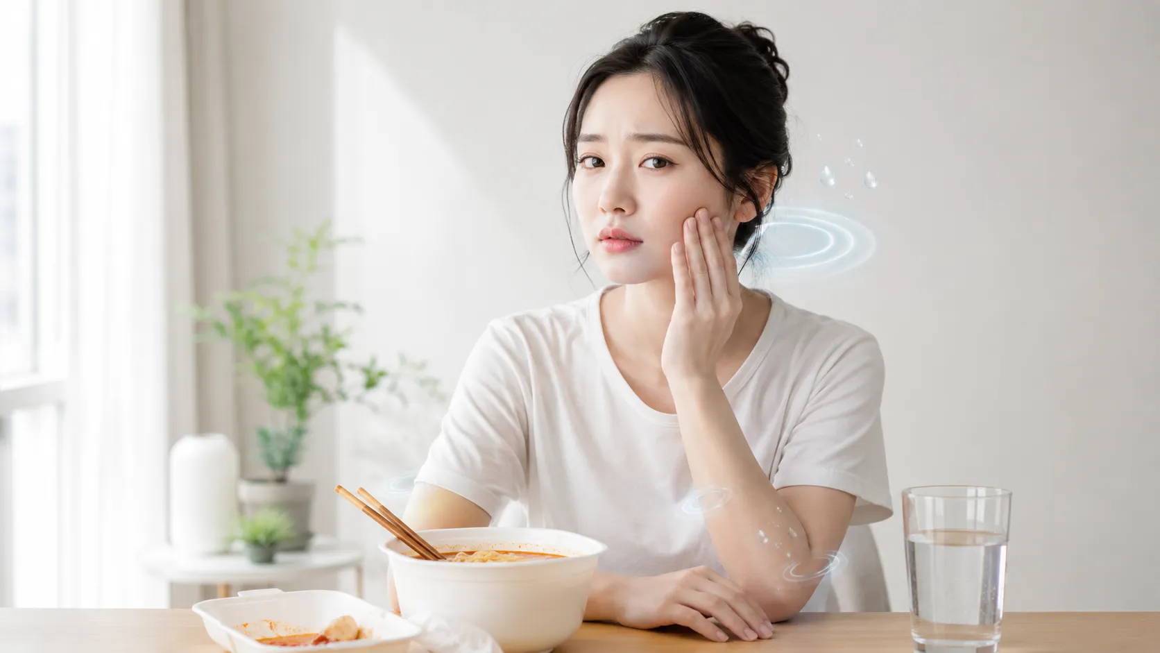식탁에서 얼큰한 국수 앞에 앉아 부은 얼굴을 손으로 짚으며 걱정하는 여성과 물잔이 놓인 나트륨 부종 이미지