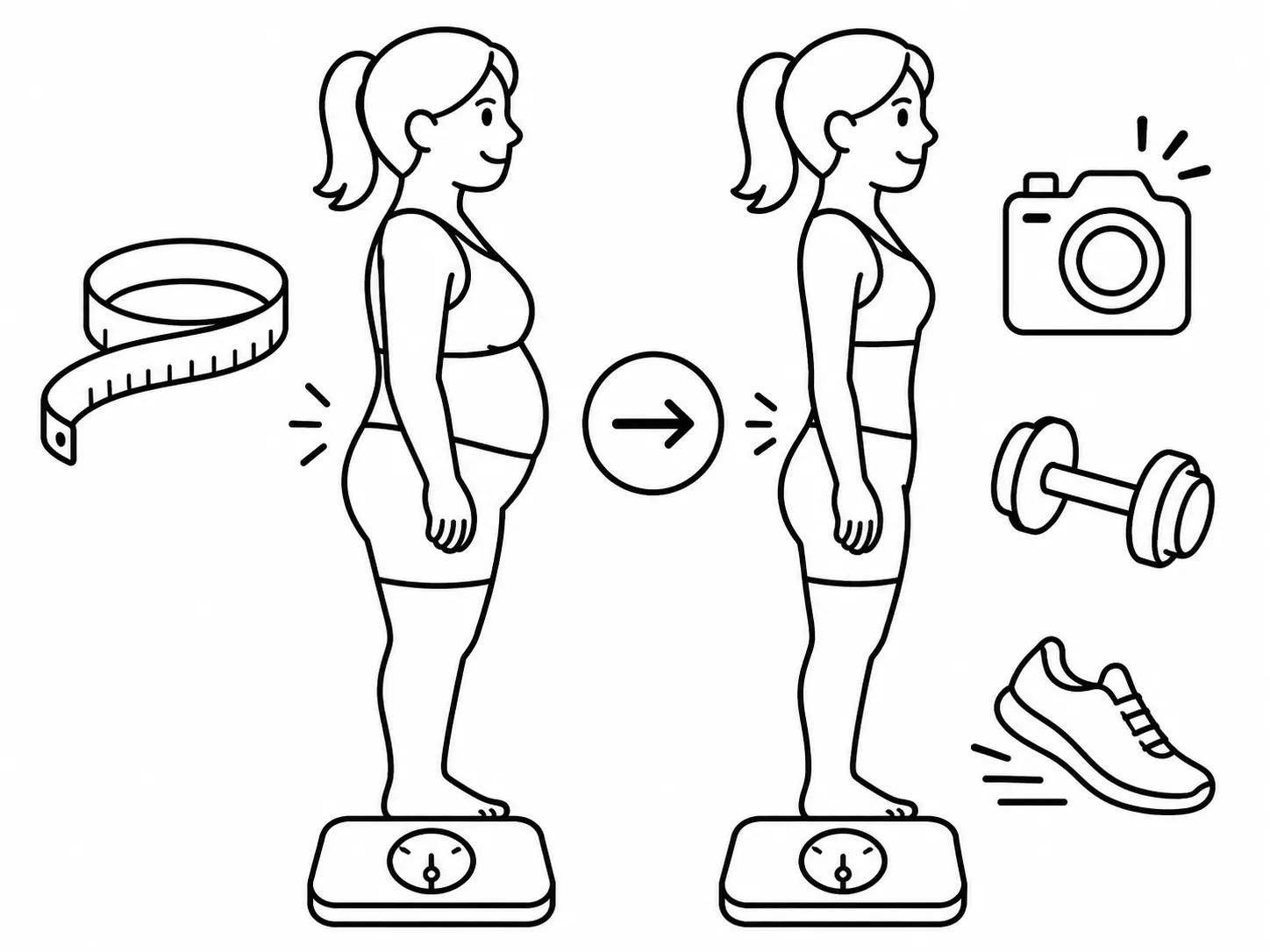 같은 체중이지만 허리선·복부 라인이 달라진 측면 실루엣 두 컷 — 줄자·아령·운동화 아이콘과 함께 체형 변화 흐름을 보여주는 일러스트