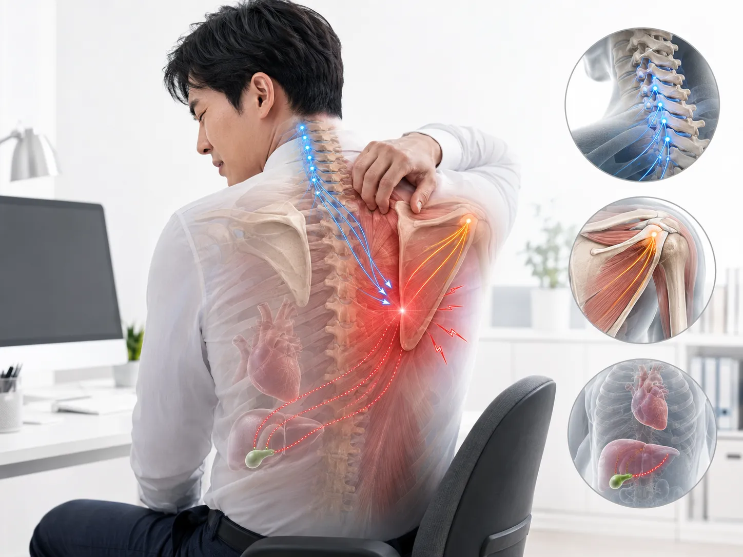 사무실 의자에 앉은 남성이 오른쪽 날개뼈 안쪽을 만지는 모습에 경추 신경·회전근개·심장과 담낭 연관통 경로가 컬러 화살표로 오버레이된 메디컬 일러스트