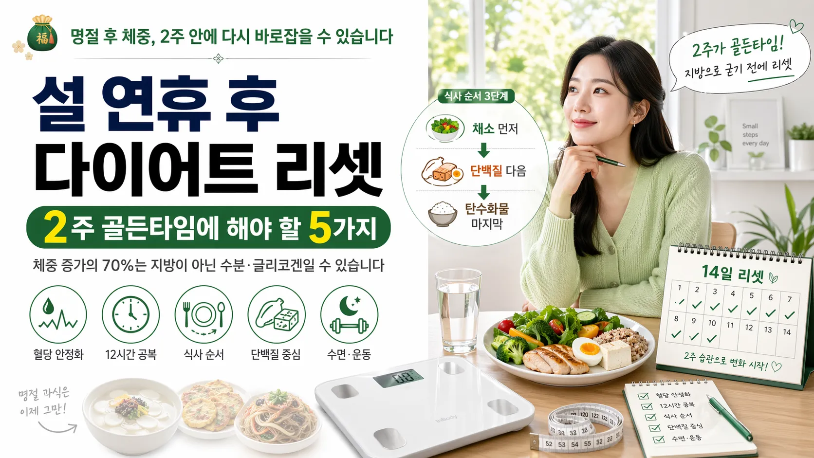 설 연휴 후 다이어트 리셋 2주 골든타임 식사 순서 체크리스트 일러스트