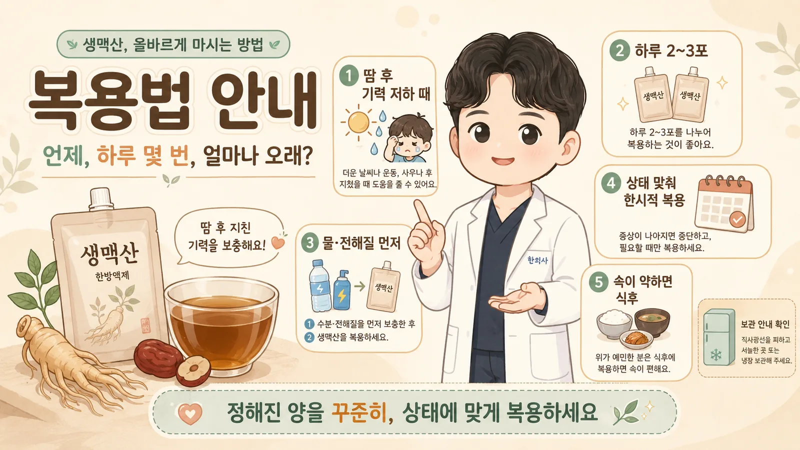 생맥산 복용법 안내 일러스트 — 한의사가 언제·하루 몇 번·얼마나 오래 마실지 안내하는 모습, 땀 후 기력 저하 시 활용·하루 2~3포·물과 전해질 먼저 보충·상태에 맞춘 한시적 복용·속 약하면 식후·서늘한 곳 보관 등 복용 포인트와 생맥산·인삼·대추