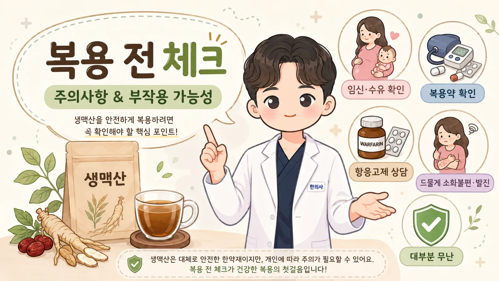 생맥산 복용 전 체크 안내 일러스트 — 한의사가 주의사항과 부작용 가능성을 설명하는 모습, 임신·수유 확인·복용약 확인·항응고제(와파린) 상담·드물게 소화불편·발진·대부분 무난 등 확인 포인트와 생맥산·인삼·대추