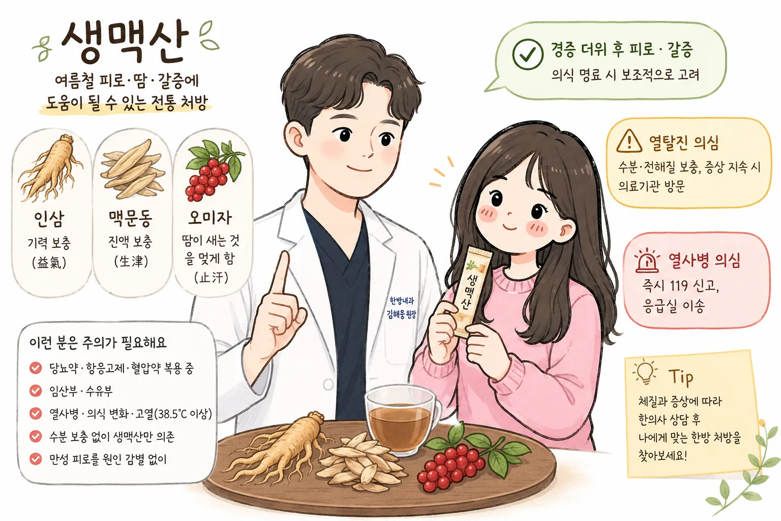 생맥산 안내 일러스트 — 한방내과 김해융 원장이 생맥산을 설명하는 모습, 인삼·맥문동·오미자 약재와 효능, 경증 더위 후 활용·열사병 시 119·복용 주의 대상 안내