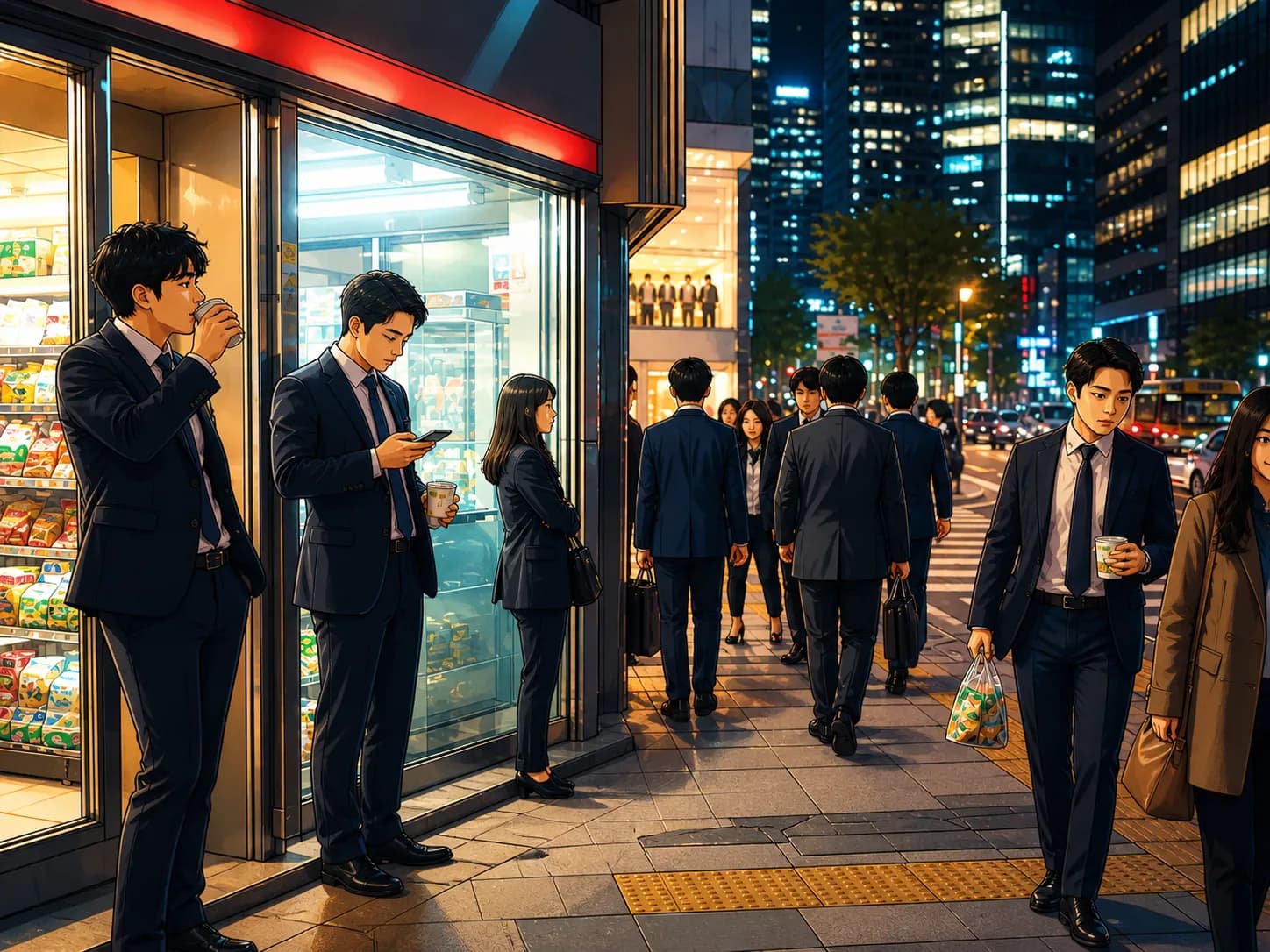 야근 후 강남역 편의점 앞에서 디저트와 커피를 사는 직장인들의 야경