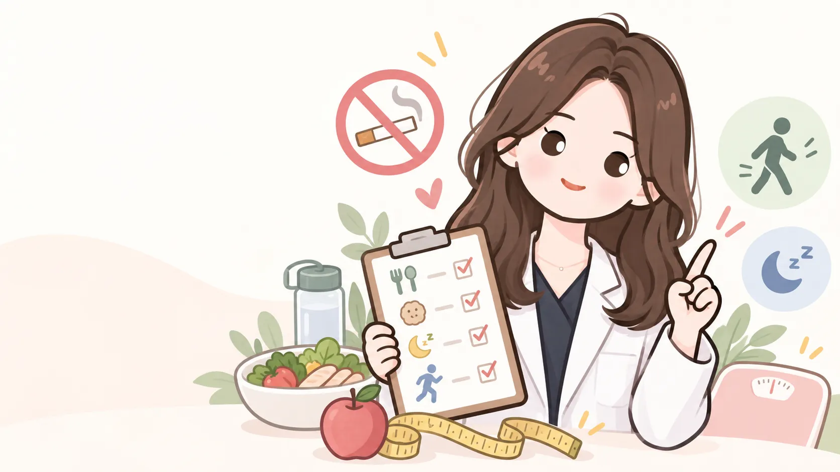 금연 표지 옆에서 식사·간식·수면·활동 체크리스트를 든 한의사 일러스트