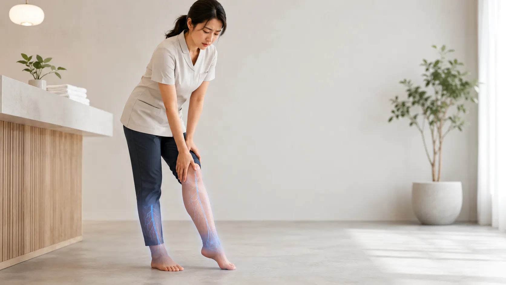 유니폼을 입은 여성이 오래 서서 일한 뒤 허리를 굽혀 종아리를 짚고, 다리에 정맥이 푸르게 비치는 직업성 다리 부종 이미지