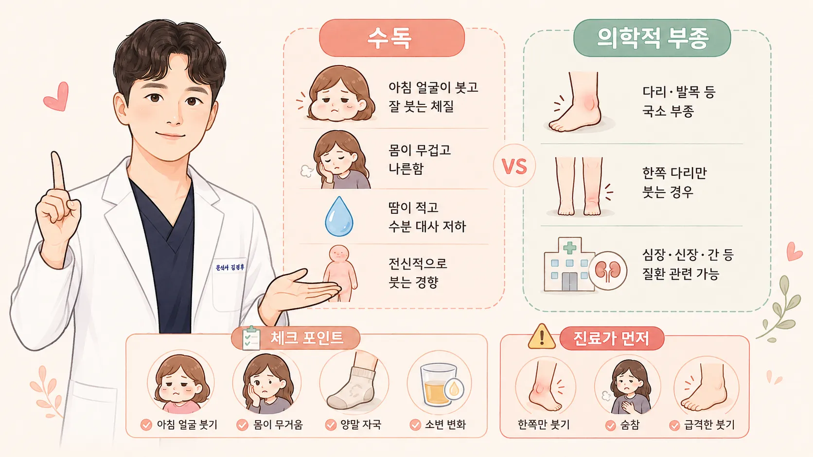 수독과 의학적 부종을 비교한 인포그래픽 — 김해융 원장 일러스트와 수독(아침 얼굴 붓기·몸이 무겁고 나른함·땀이 적고 수분대사 저하·전신 붓기) 대 의학적 부종(다리·발목 국소 부종·한쪽 다리만 붓기·심장·신장·간 질환 관련) 비교, 체크 포인트와 진료가 먼저인 적색 신호(한쪽만 붓기·숨참·급격한 붓기) 안내