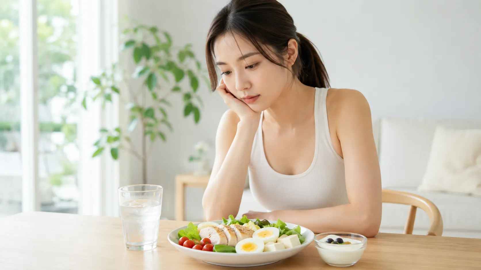 식탁에서 닭가슴살·달걀·두부가 담긴 단백질 샐러드와 물·요거트를 앞에 두고 입맛 없는 표정으로 턱을 괸 여성의 여름 다이어트 이미지