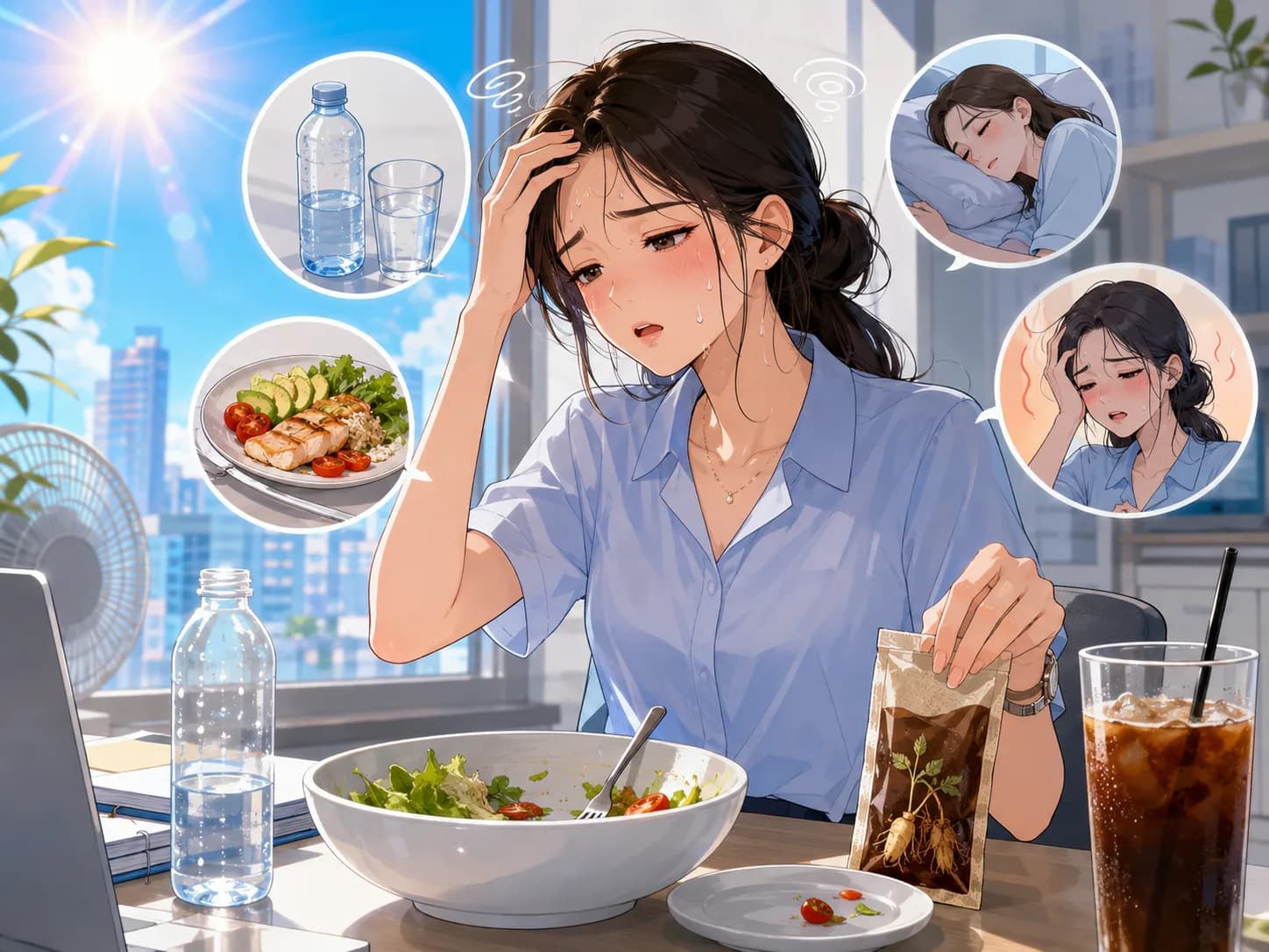 여름 사무실에서 샐러드와 아이스 아메리카노로 점심을 마친 뒤 이마를 짚으며 지친 직장 여성 — 탈수·수분·졸음·열감을 떠올리는 일러스트