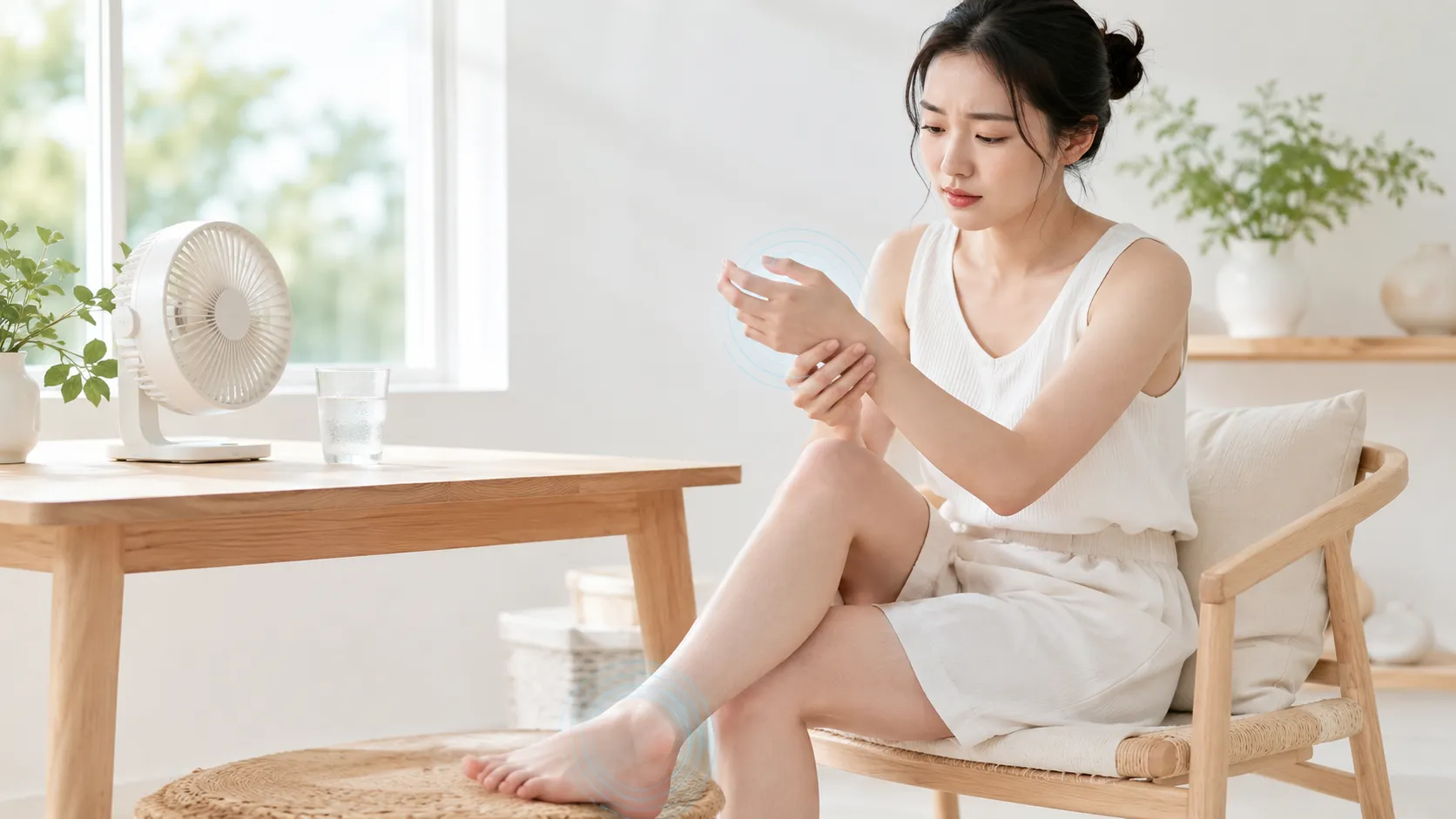 여름 선풍기 앞 의자에 앉아 부은 손목을 살피는 여성과 부기 표시가 있는 발목이 보이는 여름 손발 부종 이미지