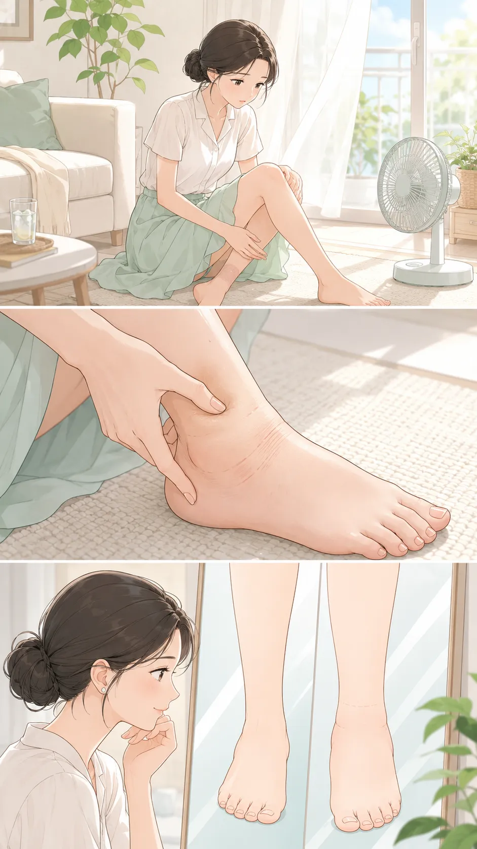 여름 좌식 생활로 다리가 부은 여성, 발목 5초 압박 테스트와 양 발 자가 확인 장면 일러스트