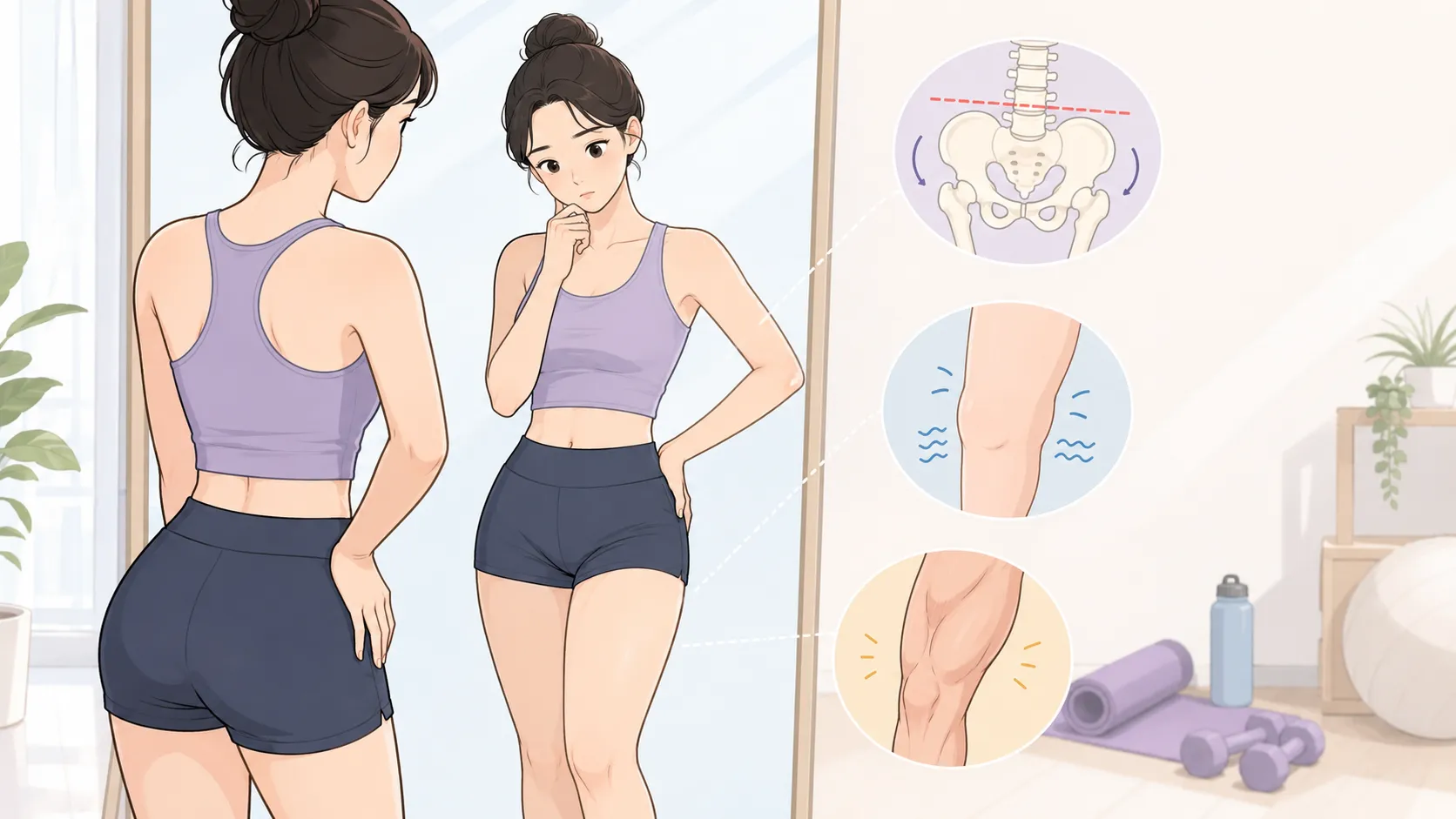 거울 앞에서 자신의 허벅지·골반 라인을 살펴보는 운동복 차림의 여성과 골반 정렬·허벅지 근육·하지 부종을 표현한 세 가지 메디컬 일러스트