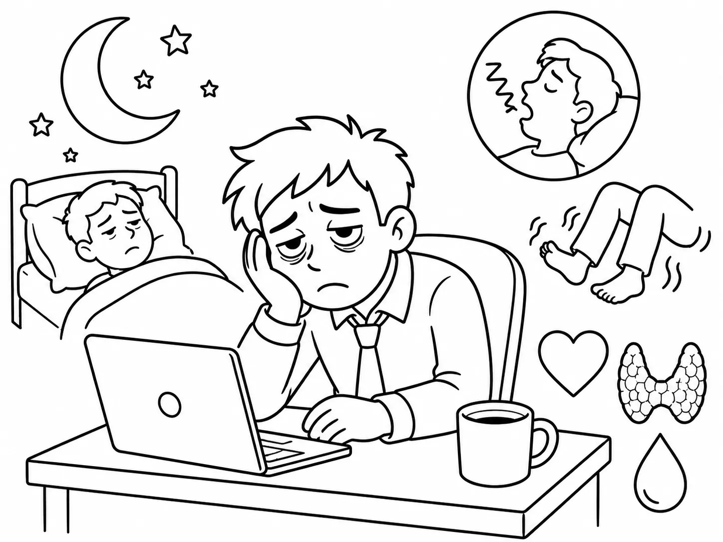 책상에 앉아 피곤한 표정으로 노트북을 보는 직장인 일러스트 — 주변에 수면·코골이·다리 불편·심장·갑상선 등 자도자도 피곤한 이유 5가지 신호 아이콘