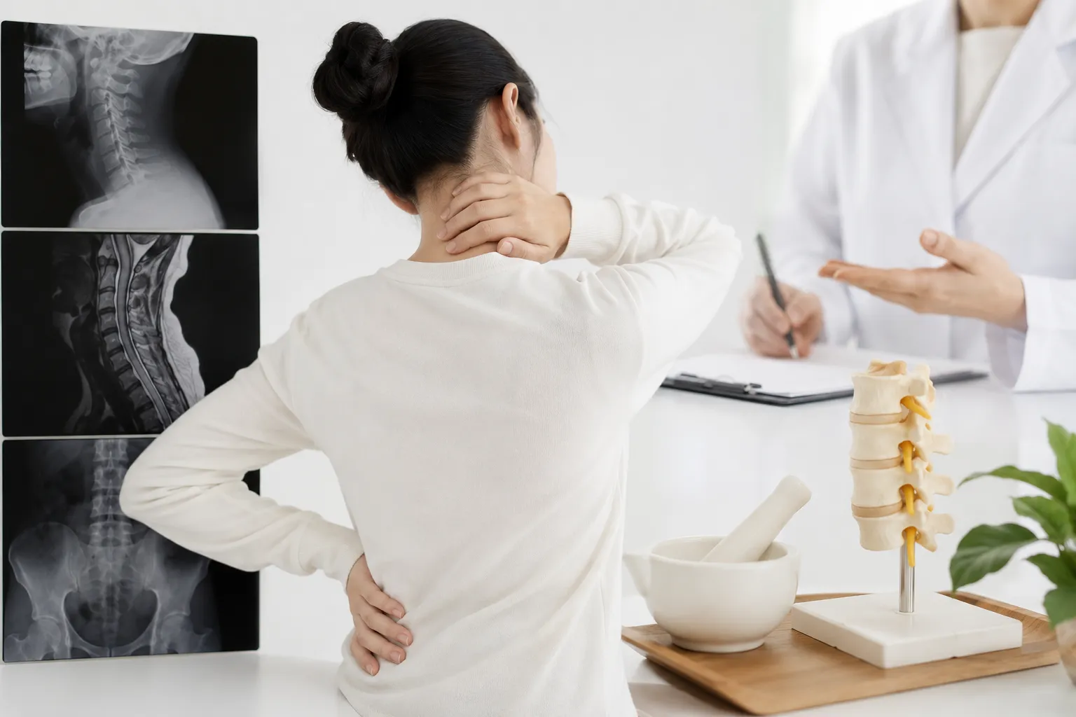 교통사고 후 목과 허리를 짚으며 통증을 호소하는 환자와 X-ray·MRI 영상검사를 대비한 메디컬 일러스트