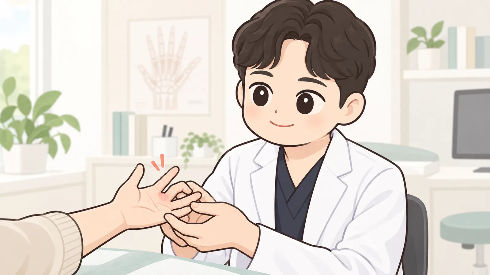 한의사가 진료실에서 환자의 손바닥을 받쳐 들고 손가락 뿌리 부위의 압통점을 확인하는 일러스트. 손바닥 손가락 뿌리 쪽에 붉게 표시된 통증 부위가 보이고 뒤쪽 벽에 손 뼈 해부도가 걸려 있다