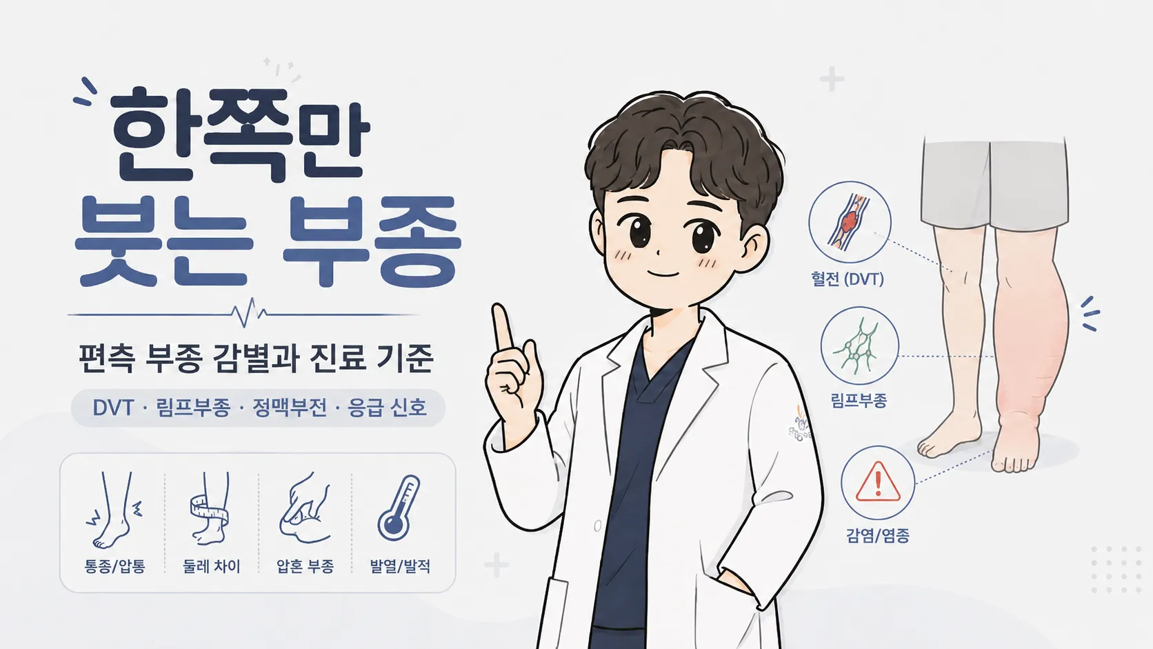 한쪽만 붓는 편측 부종 감별 안내 - 심부정맥혈전증·림프부종·감염 신호와 통증·둘레 차이·압흔 부종·발열 확인 항목 일러스트