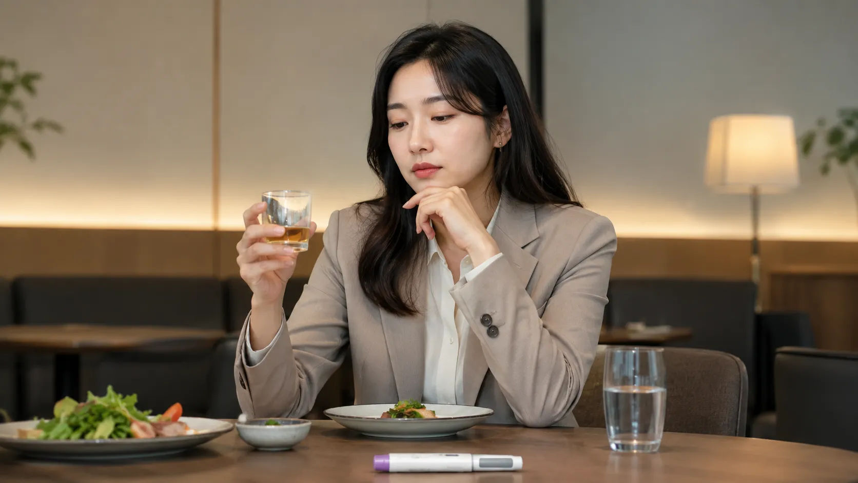 회식 자리에서 정장 차림의 여성이 맥주잔을 들고 마실지 고민하는 모습, 식탁에 샐러드와 주사펜이 놓인 위고비·마운자로 음주 고민 장면