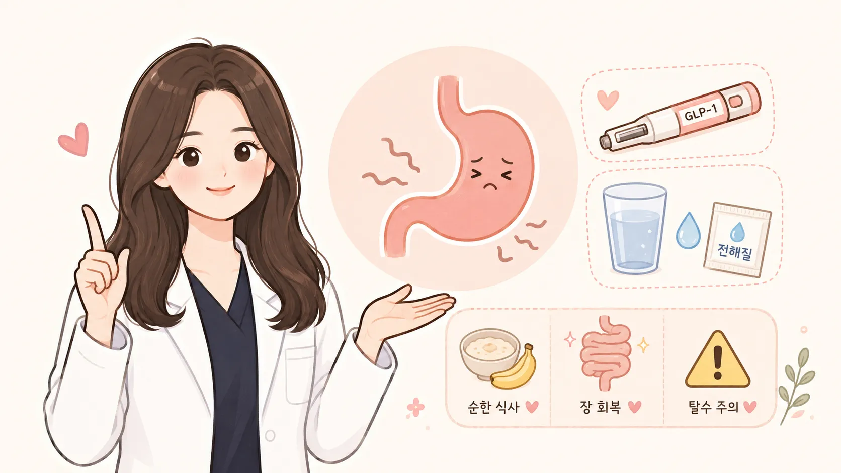 위고비·마운자로 사용 후 설사 대처를 안내하는 인포그래픽 — 박연진 대표원장 일러스트와 예민해진 위장 캐릭터, GLP-1 주사 펜, 물·전해질 보충, 미음·바나나 순한 식사·장 회복·탈수 주의 아이콘