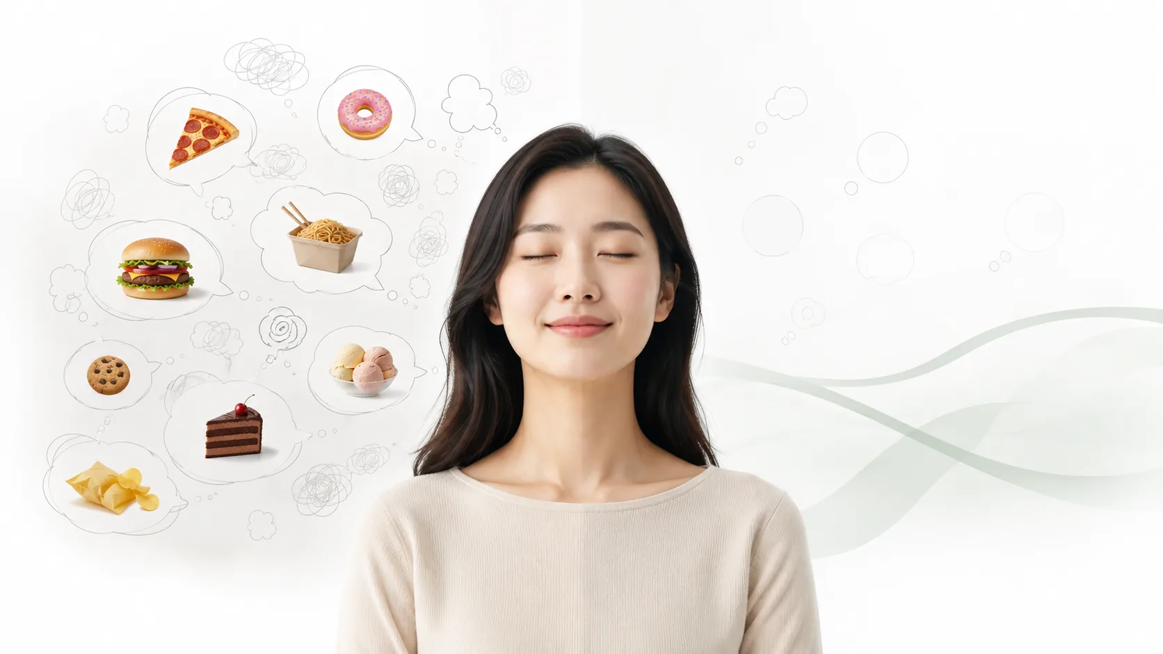 머릿속을 가득 채우던 음식 생각(말풍선·아이콘)이 위고비·마운자로 사용 후 잦아들어 차분해지는 대비를 표현한 일러스트