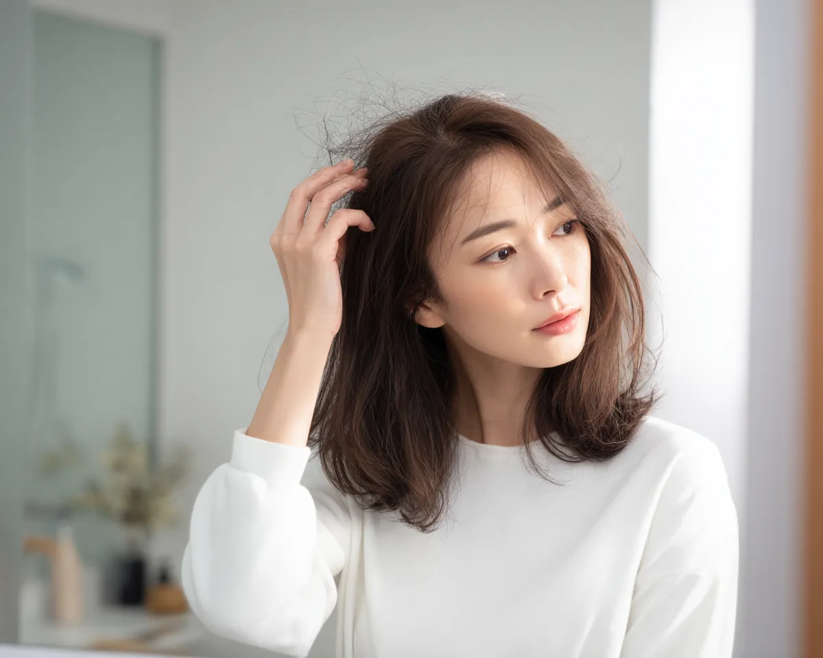 위고비 마운자로 사용 후 탈모를 걱정하는 여성 이미지