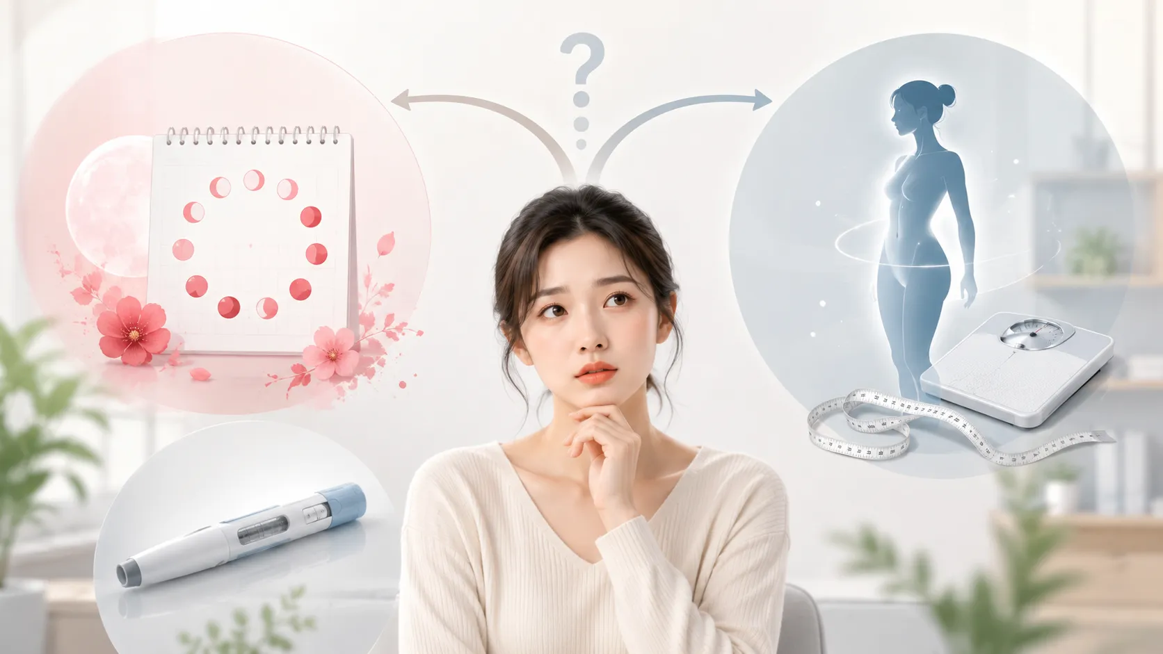 달력과 체중계를 바라보며 생리 주기 변화를 고민하는 20~30대 여성, 위고비 주사 펜과 다이어트 이미지가 함께 배치된 일러스트