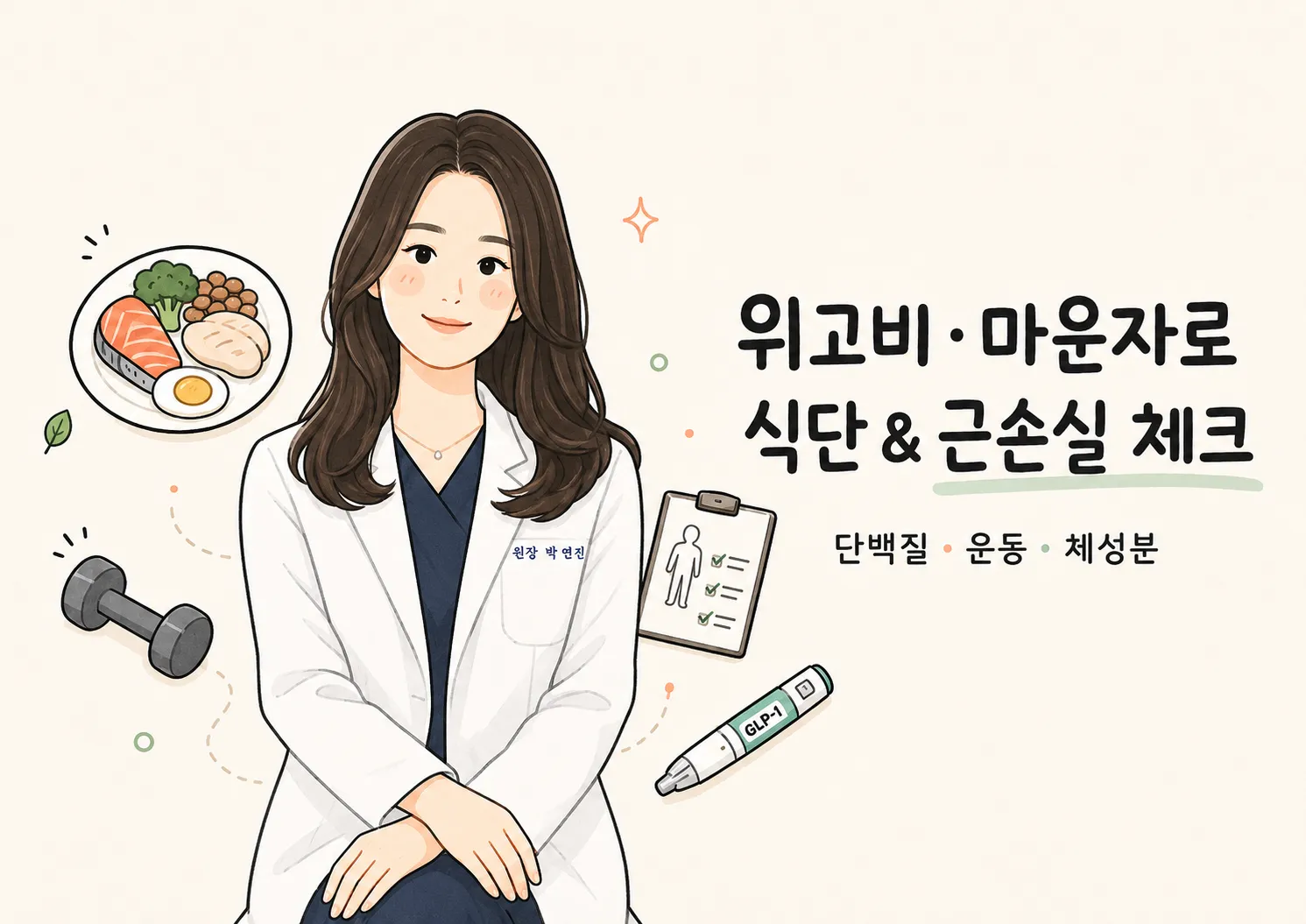 흰 가운을 입은 박연진 대표원장 손그림과 '위고비·마운자로 식단 & 근손실 체크' 제목·단백질 식단·GLP-1 주사 아이콘