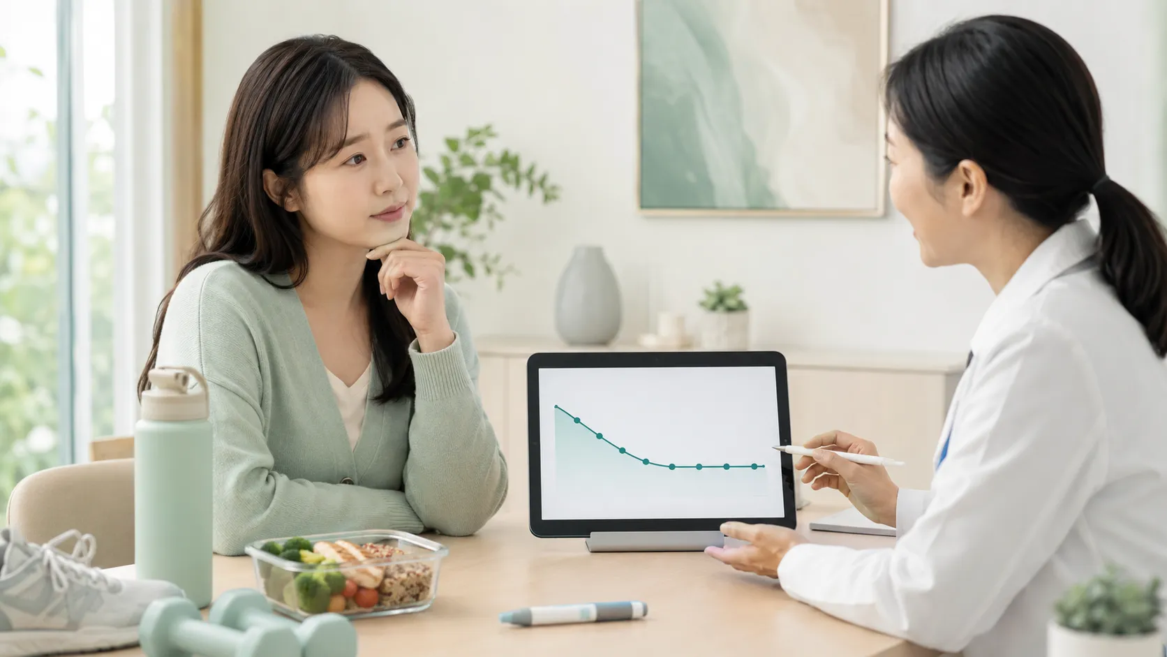 한의사가 환자에게 태블릿의 체중 감량 곡선을 보여주며 위고비·마운자로 정체기 원인을 설명하는 상담 장면