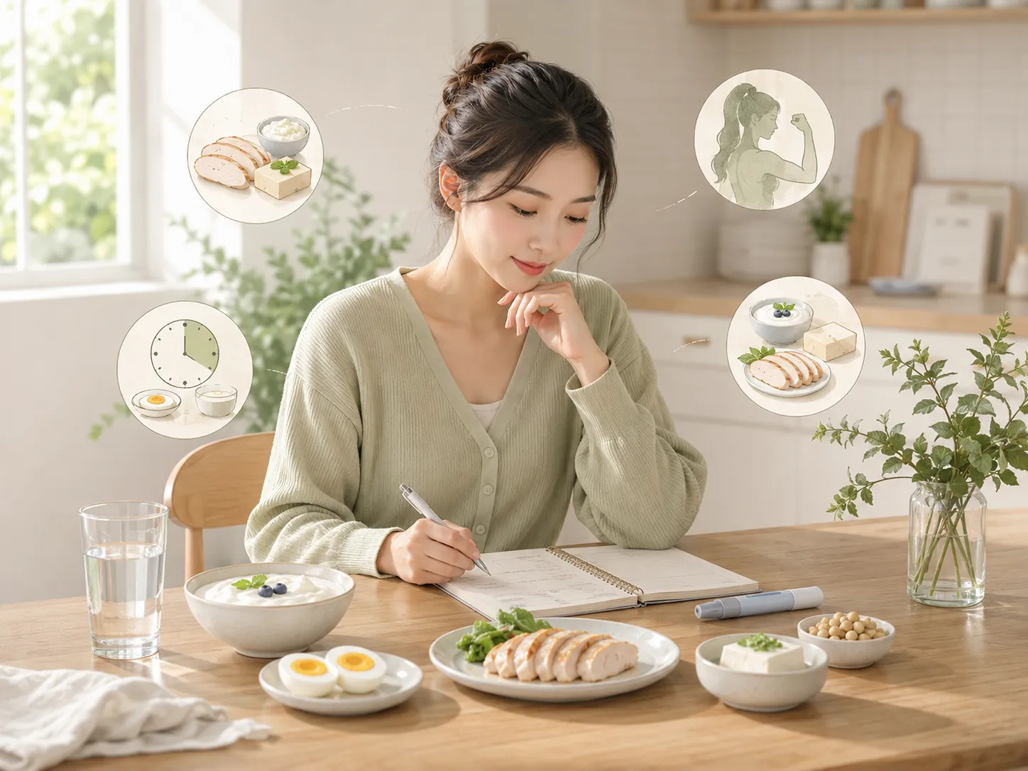 위고비·마운자로 단백질 채우는 법 일러스트 — 닭가슴살·계란·두부·그릭요거트·콩 등 단백질 식품과 식사 일기를 펼친 식탁