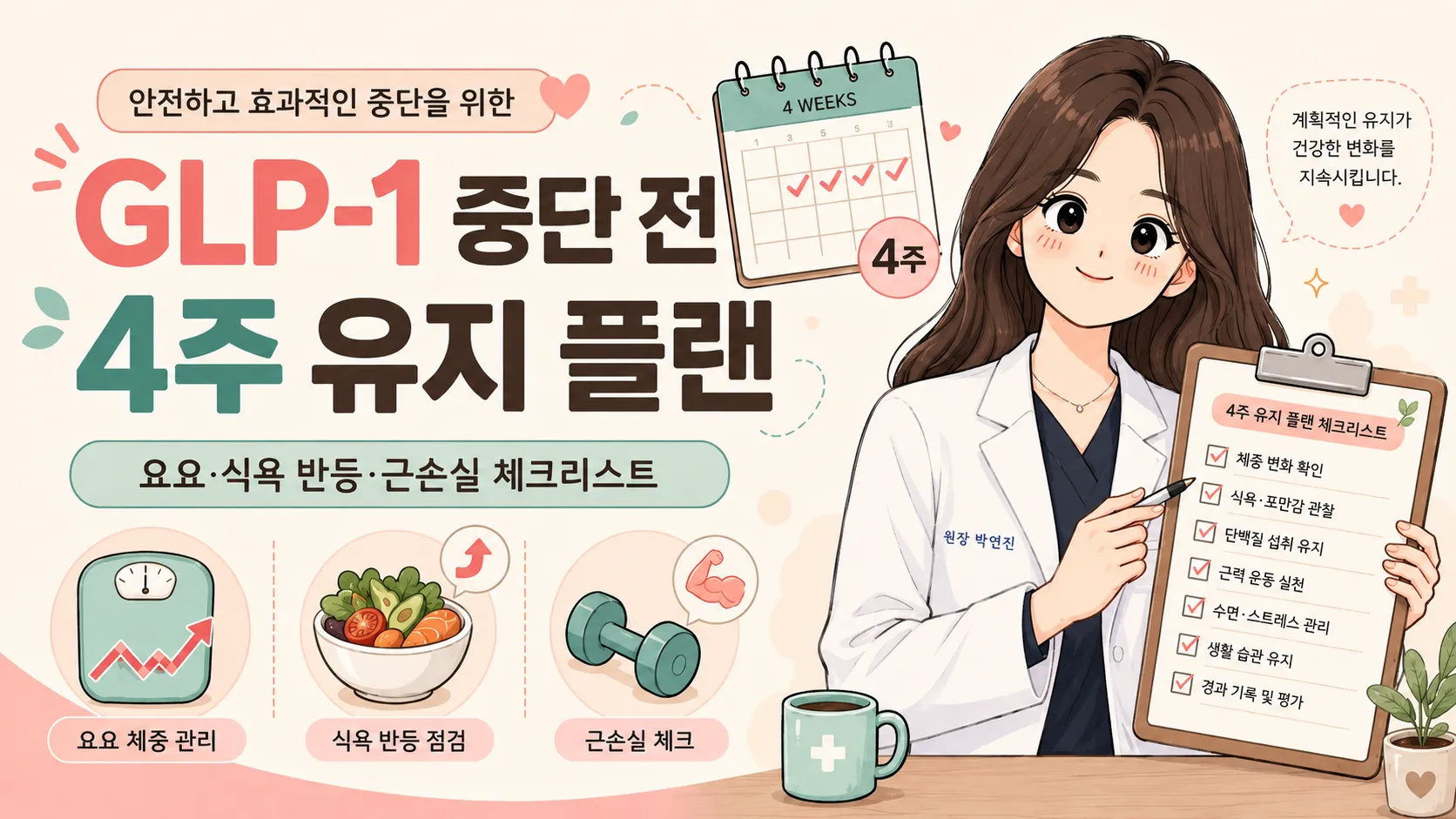 위고비·마운자로 중단 전 4주 유지 플랜 체크리스트를 안내하는 일러스트 — 흰 가운을 입은 한의사와 체중 변화·식욕 반등·근손실 점검 항목, 4주 달력 아이콘