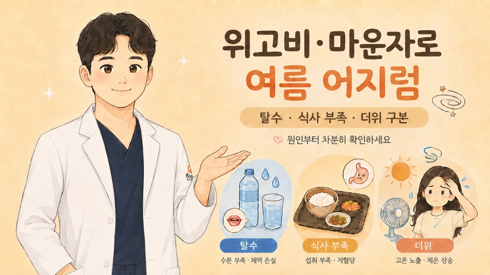 위고비·마운자로 여름 어지럼 안내 일러스트 — 비타민한의원 원장과 탈수·식사 부족·더위 세 가지 원인을 나타내는 아이콘(물병·식사·선풍기)