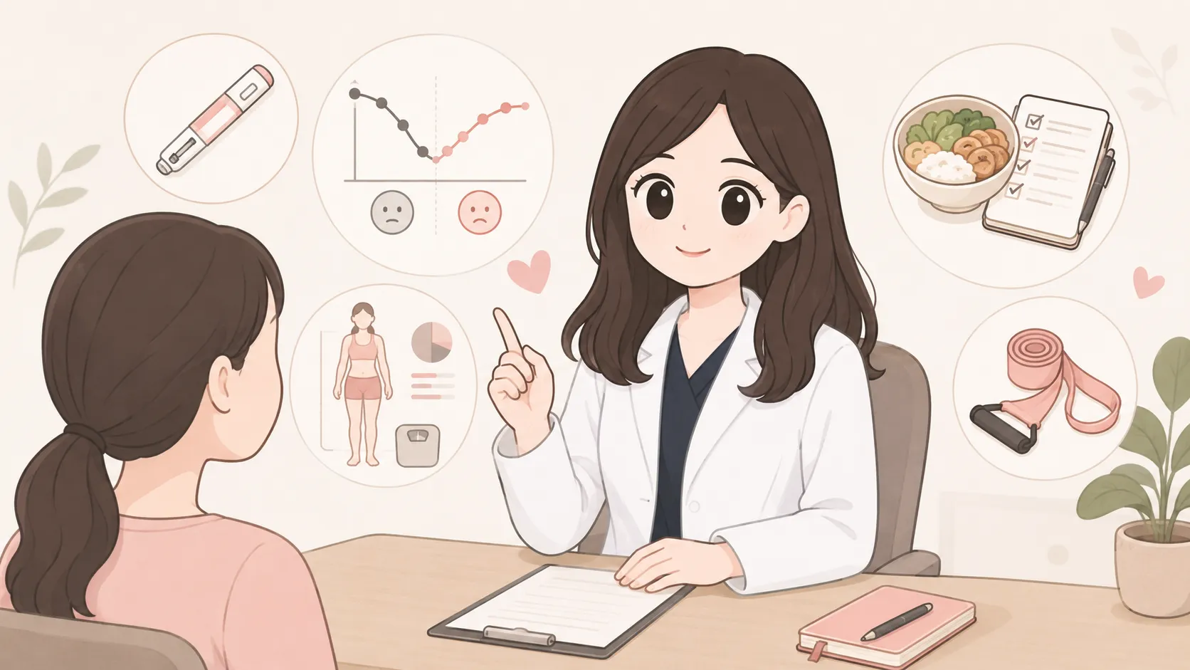 위고비 끊은 뒤 다이어트를 어떻게 이어갈지 상담하는 장면 — 한의사가 체중 반등 그래프·체성분·식단 체크리스트·저항밴드를 두고 환자와 상담하는 일러스트