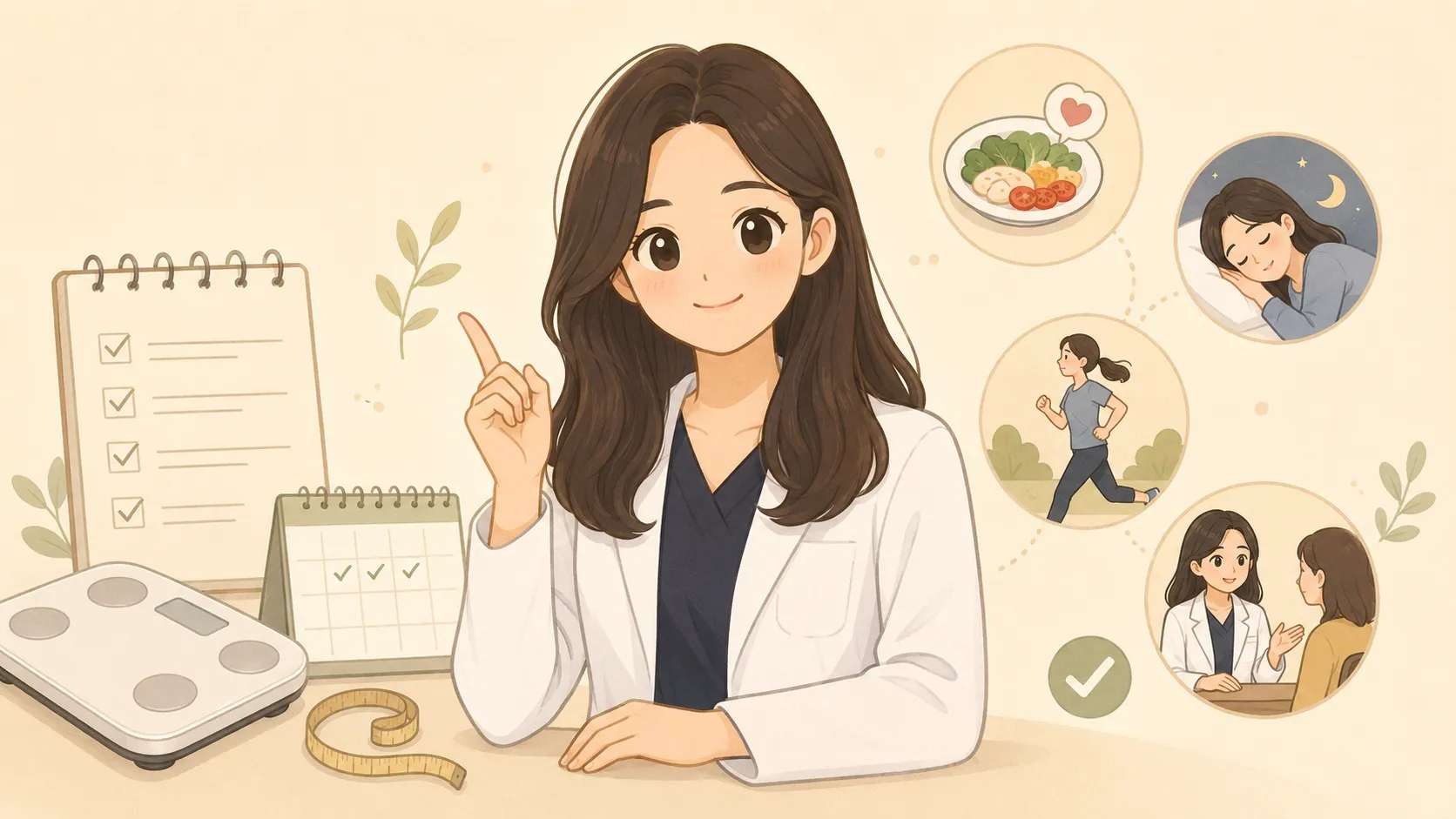 감량 후 체중 유지 첫 12주 기록 항목을 안내하는 일러스트 — 흰 가운을 입은 한의사와 체중계·체크리스트·달력, 식사·수면·운동·상담 아이콘