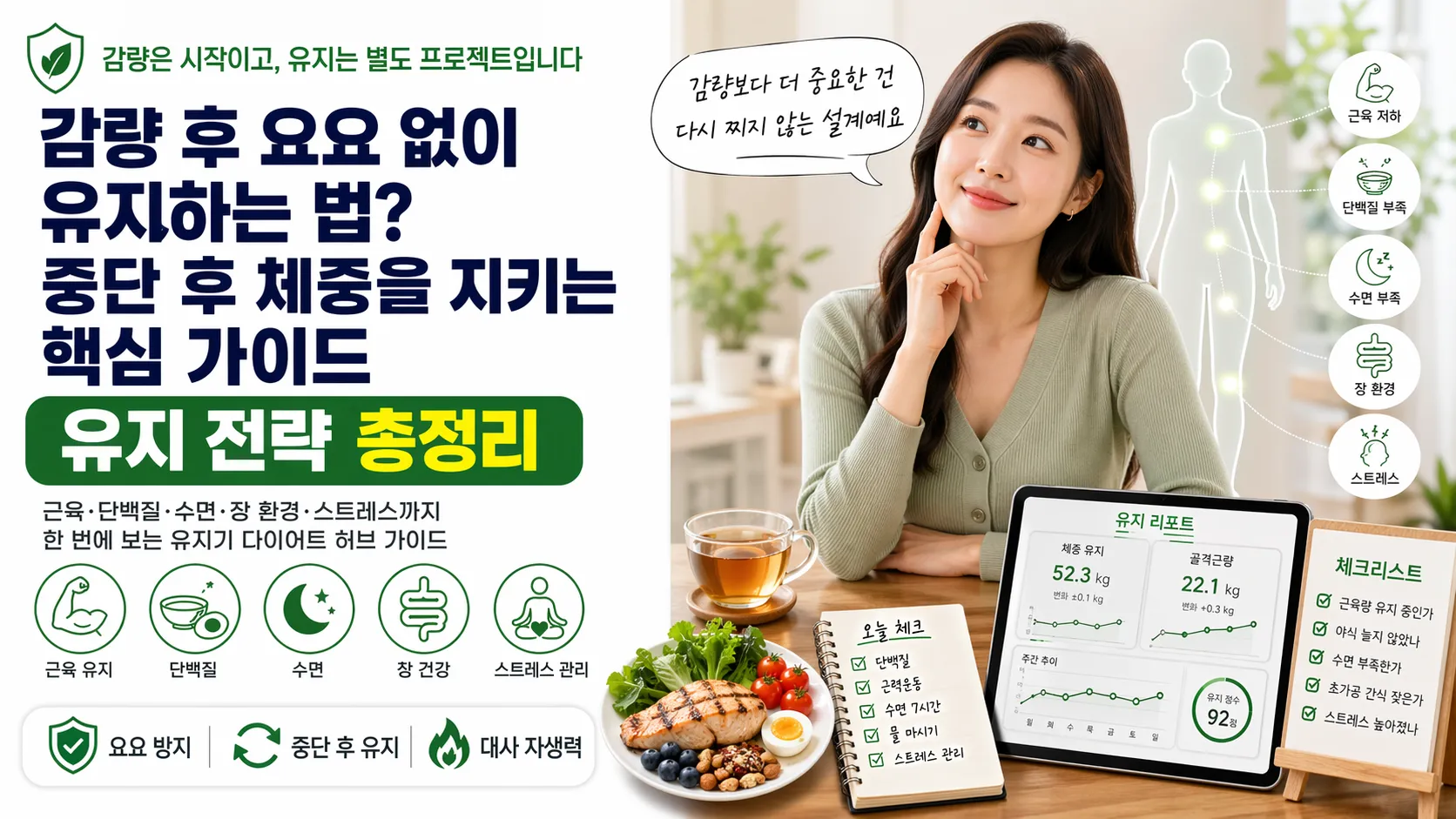 감량 후 요요 없이 체중을 유지하는 근육·단백질·수면·장 환경·스트레스 다섯 가지 허브 가이드 일러스트