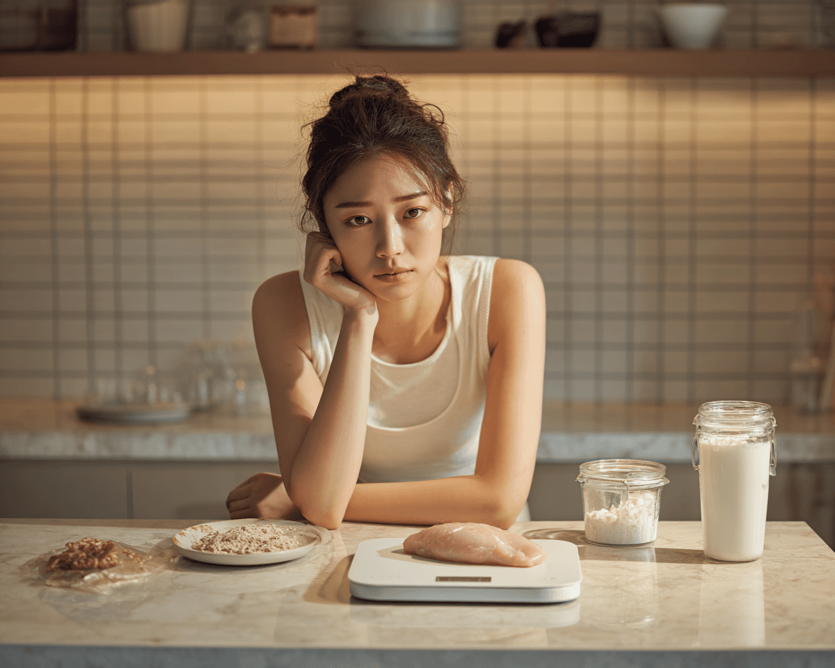 단백질 식품들 위에 정체된 체중계를 바라보는 여성의 답답한 표정